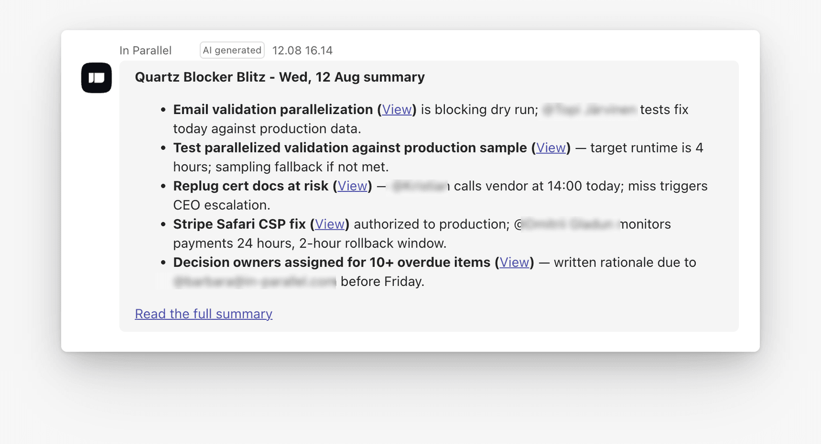Example In Parallel briefing notification delivered in the personal Teams app