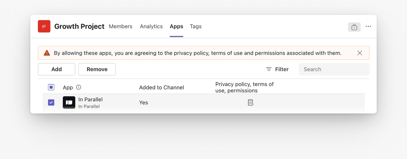 Microsoft Teams private-channel Apps list with In Parallel added