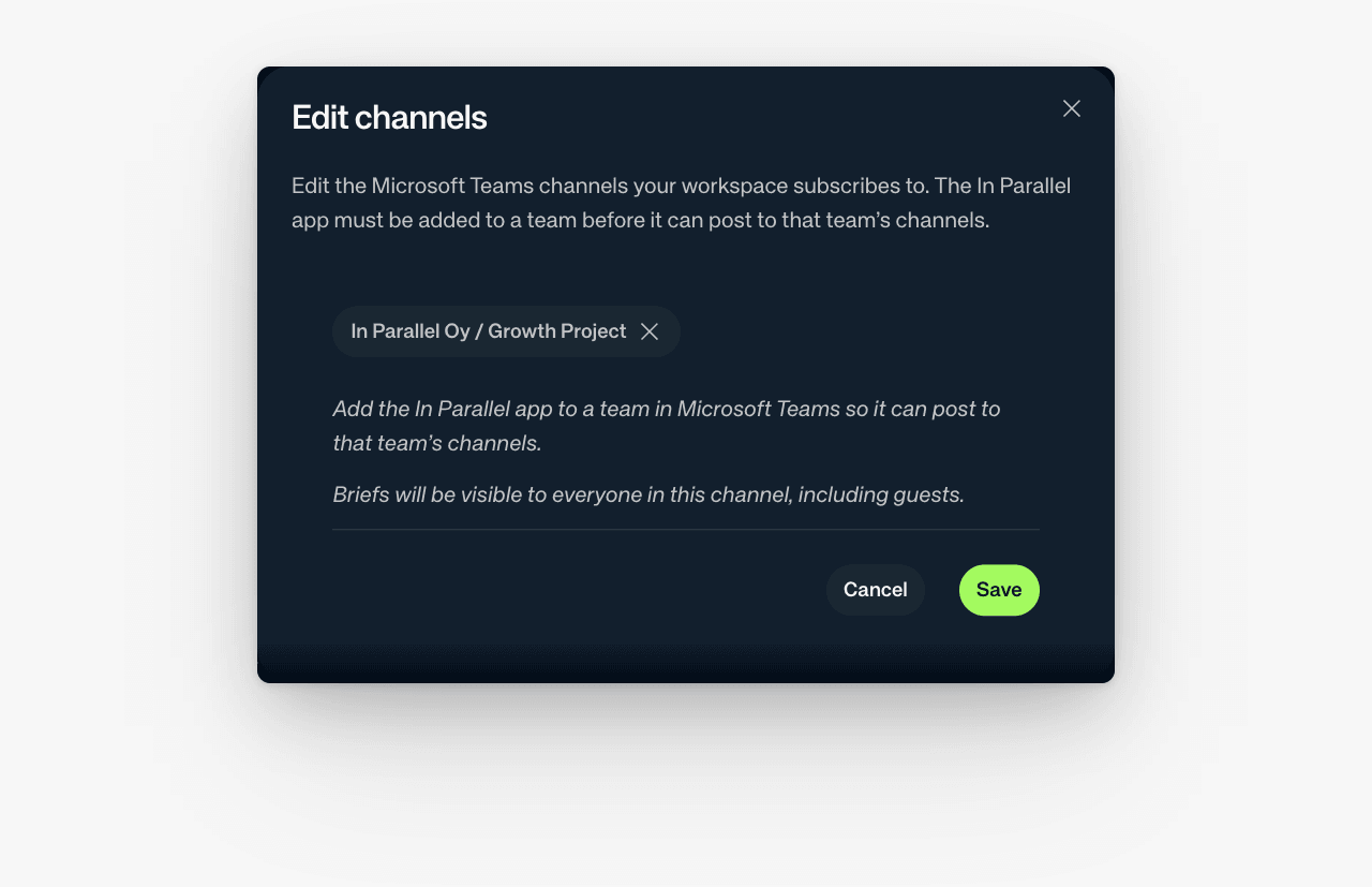 Edit channels dialog for connecting a Microsoft Teams channel to an In Parallel Workspace