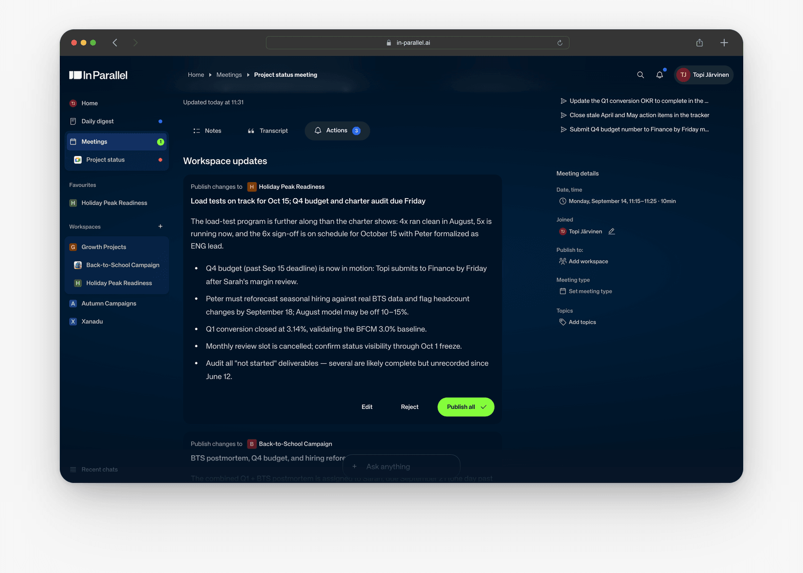 Meeting Actions tab with three pending Workspace updates and a card showing Edit, Reject, and Publish all