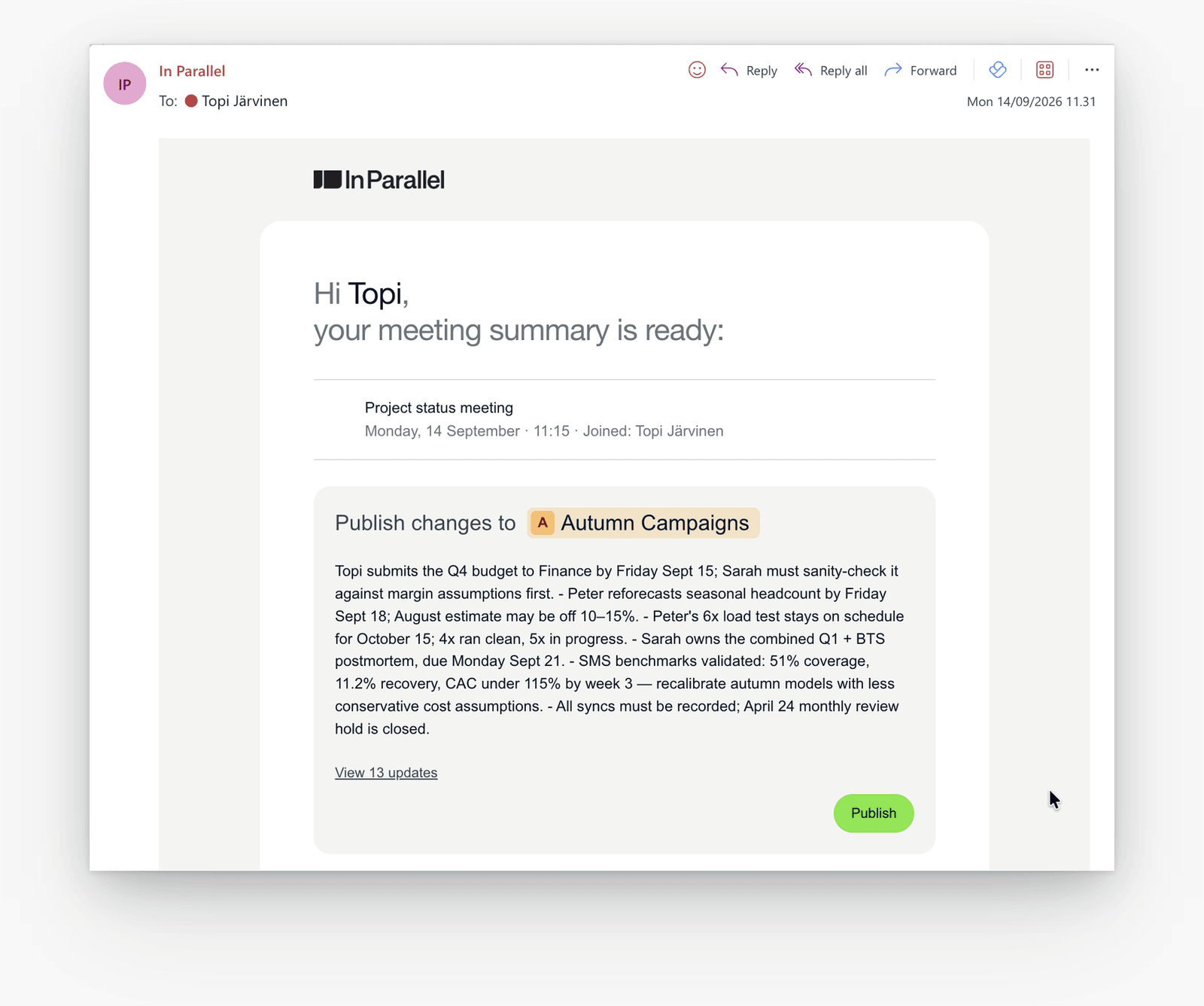 Meeting-summary email with an Autumn Campaigns proposal, View 13 updates, and Publish