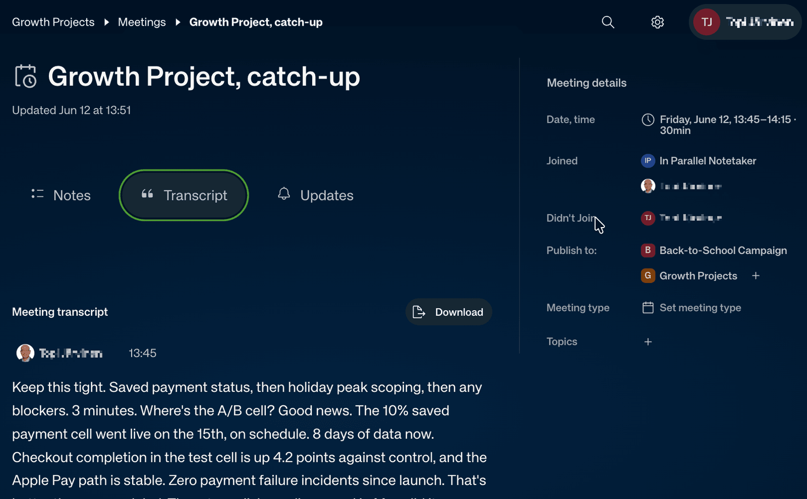 The meeting report page with the Transcript tab open, showing the transcript entries and the Download button