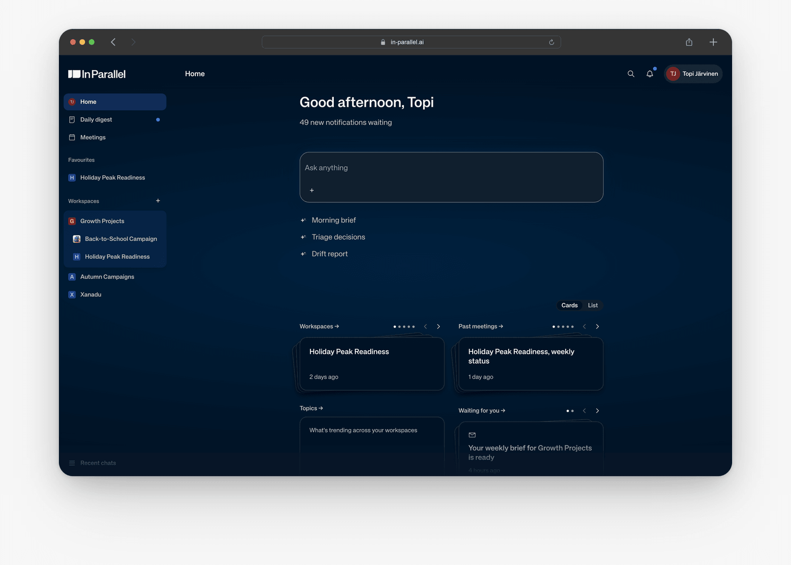 Home with Ask anything, Add context, and Workspace navigation