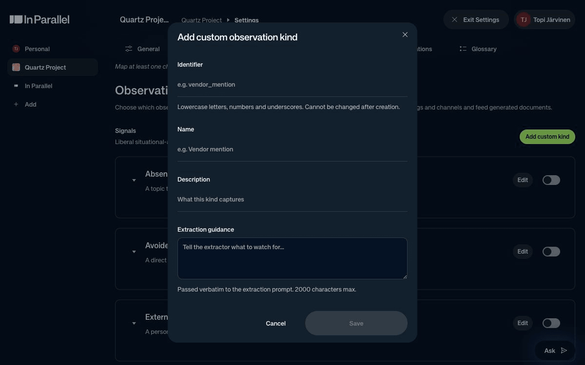 The Add custom observation kind dialog with Identifier, Name, Description, and Extraction guidance fields