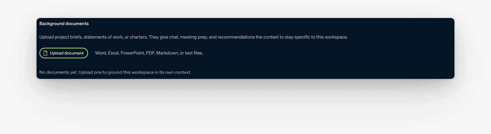 Empty Background documents panel with Upload document and supported file types