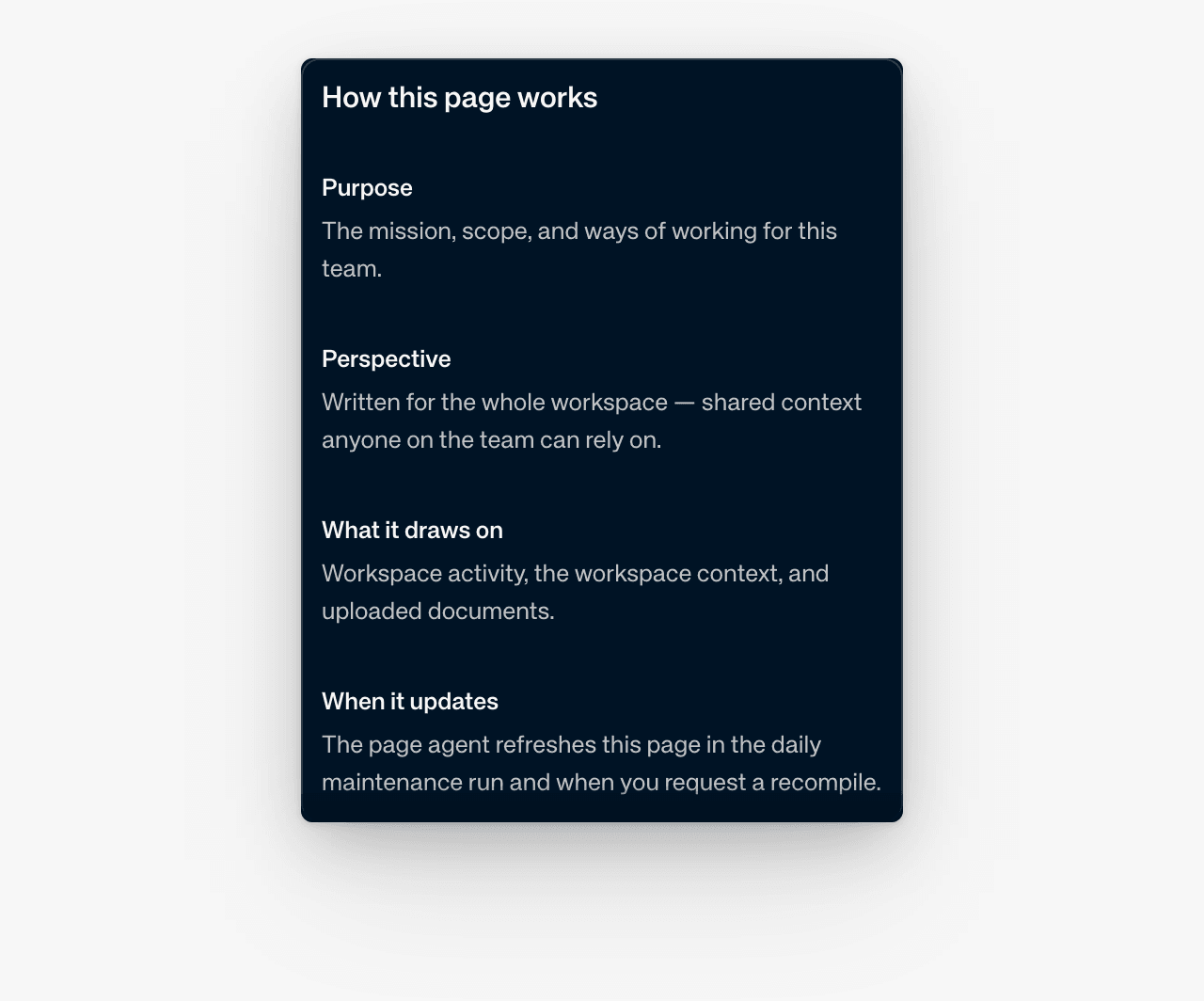 Context page explanation: team mission and ways of working, a shared Workspace perspective, sources from activity, Context and uploaded documents, and updates during daily maintenance or requested recompile