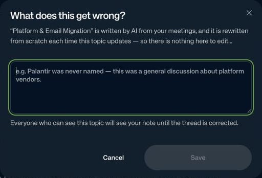The What does this get wrong dialog for correcting an AI-maintained Topic storyline