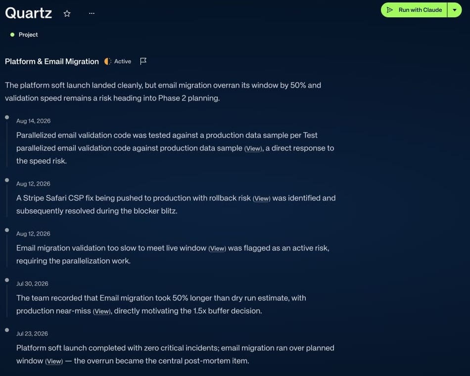 A Topic detail page with maintained storylines, lifecycle statuses, correction flags, and dated source-linked events