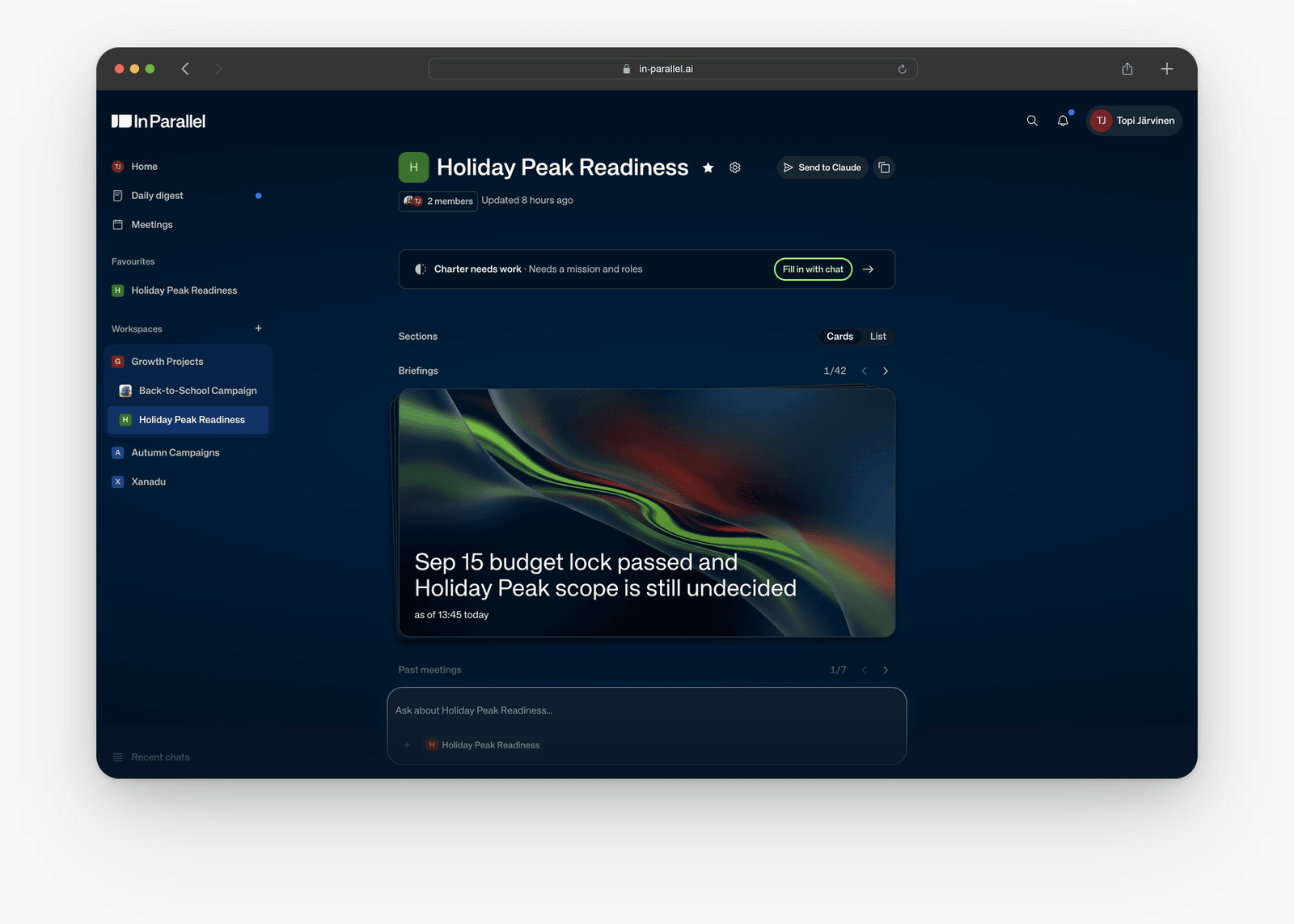 Workspace Home in Cards view, with a Briefings preview and arrows for browsing items