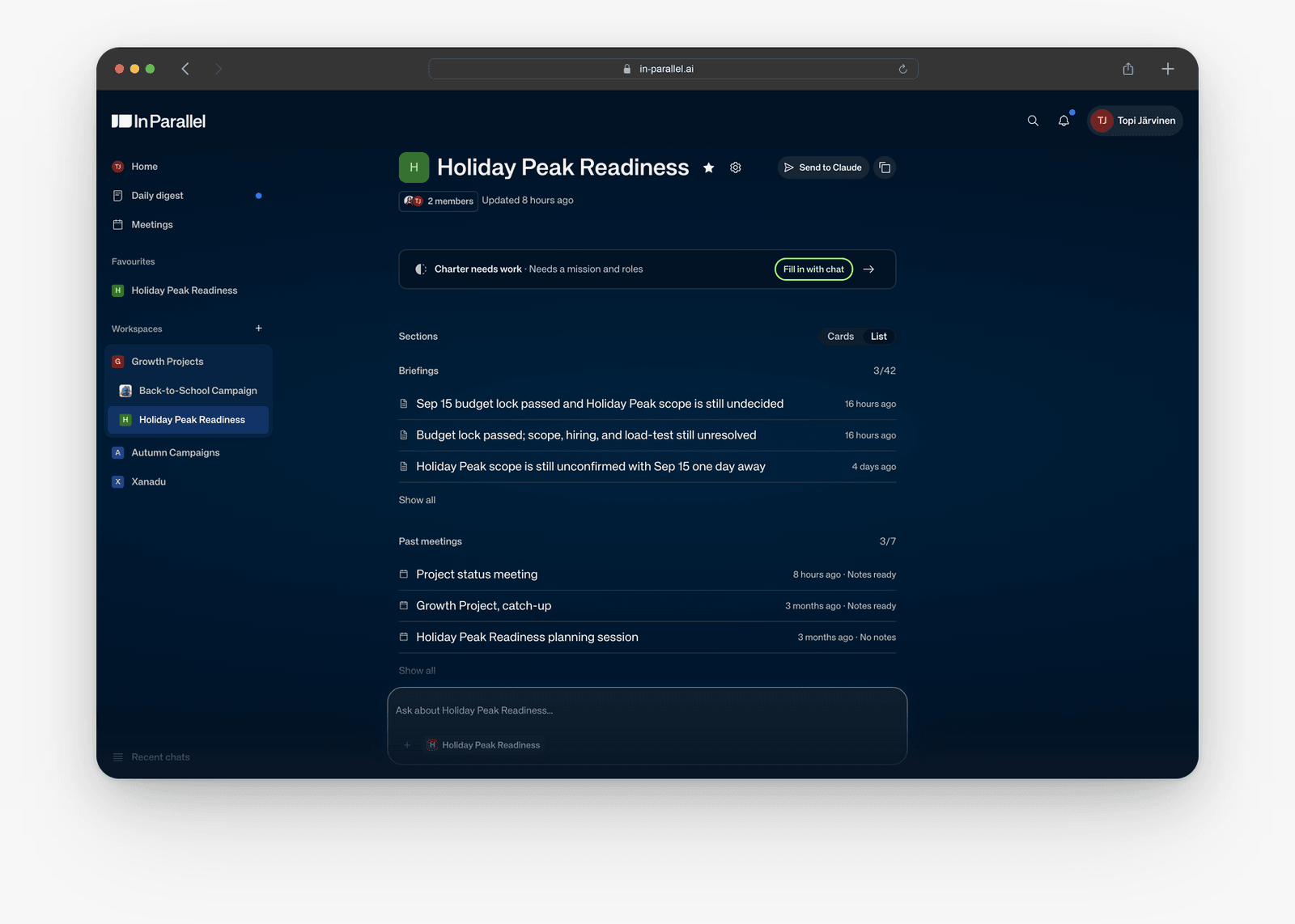 Workspace Home in List view, with compact Briefings and Past meetings rows and Show all controls