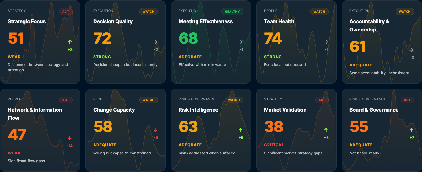 Organisation health overview — 10 diagnostic lens scores with trend indicators