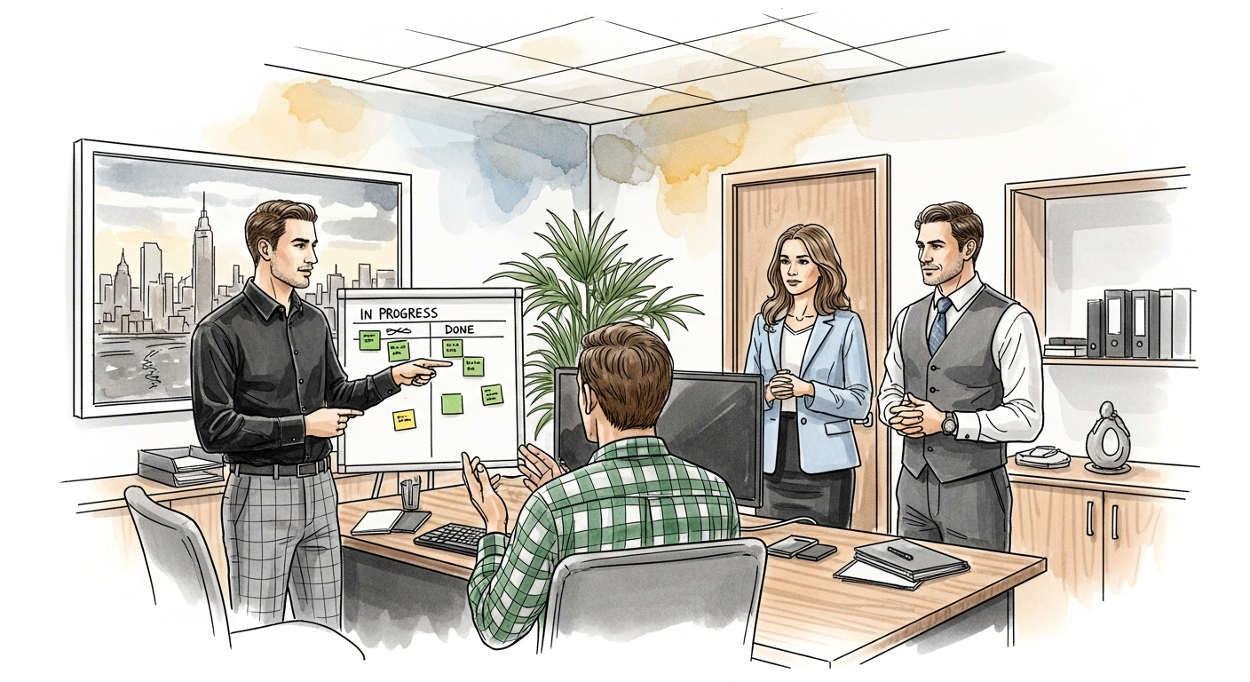 Team collaborating around a table reviewing project plans