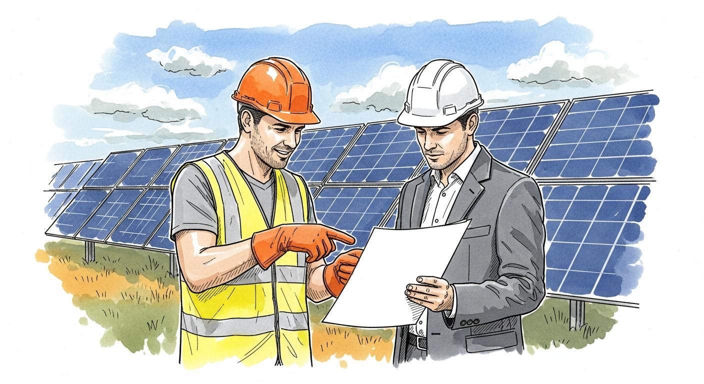 Renewable energy project manager reviewing permitting timeline and cross-functional commitments
