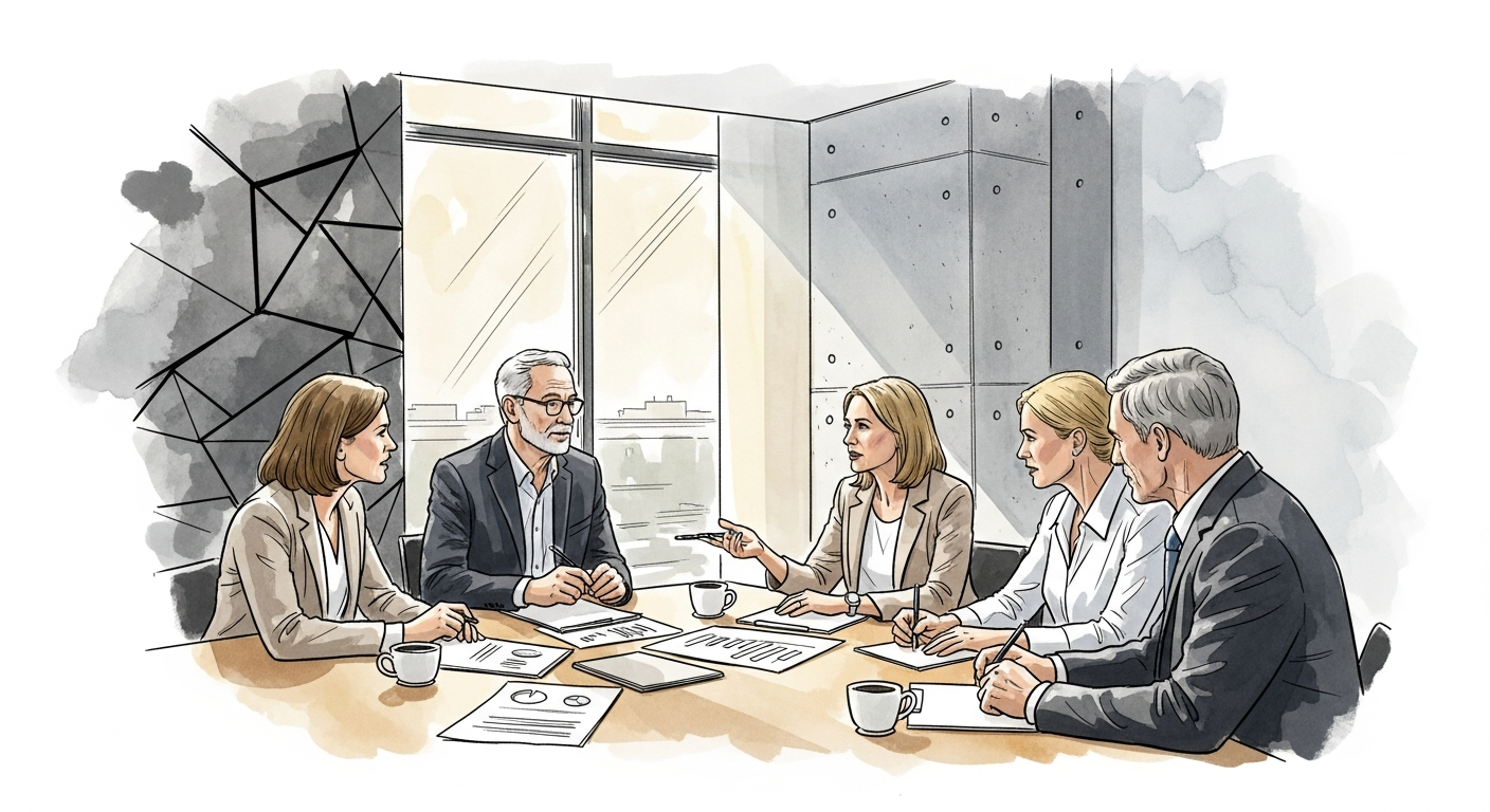 Strategy team collaborating at a whiteboard with diagrams and planning notes