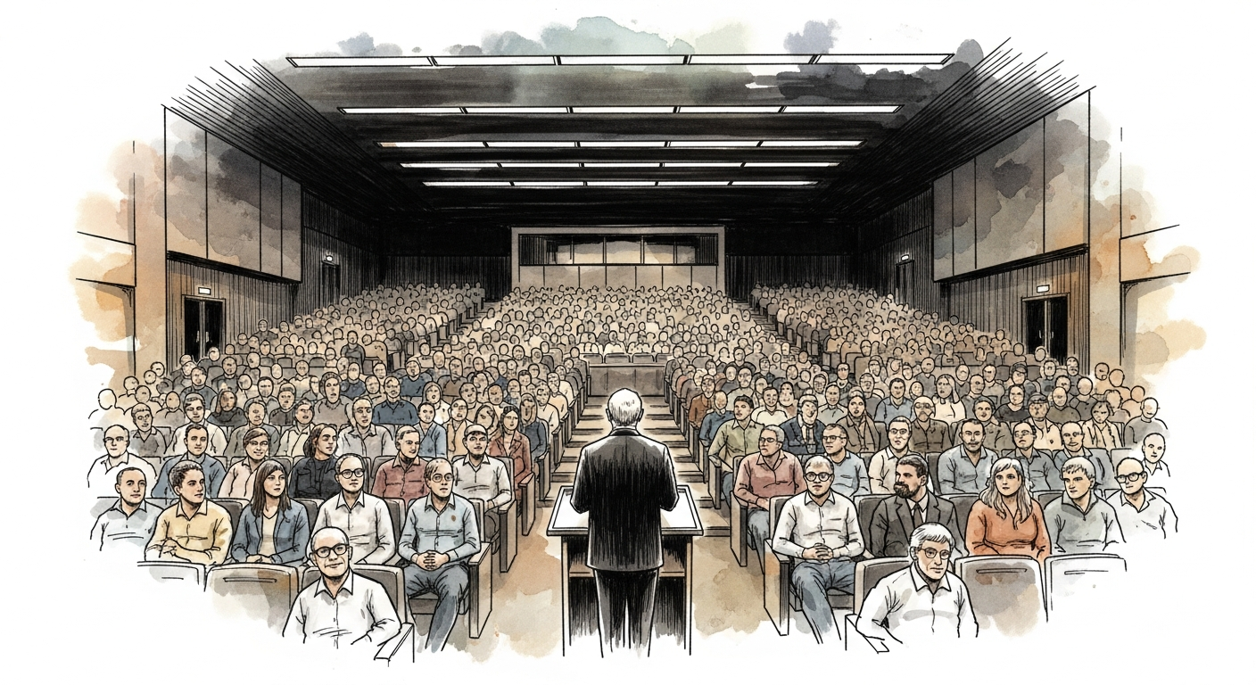 Editorial illustration of a professional conference with a speaker addressing executives