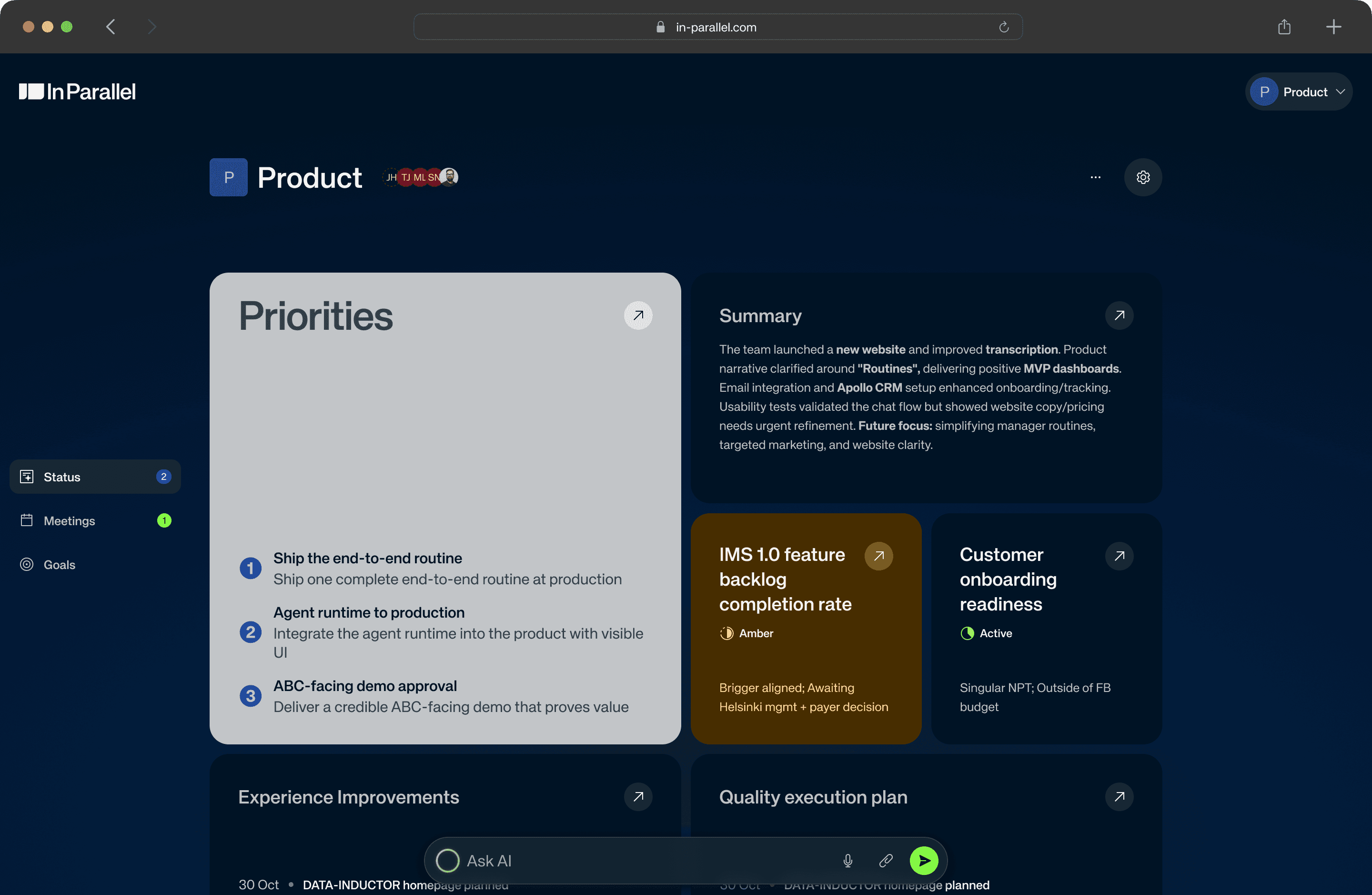 In Parallel product dashboard