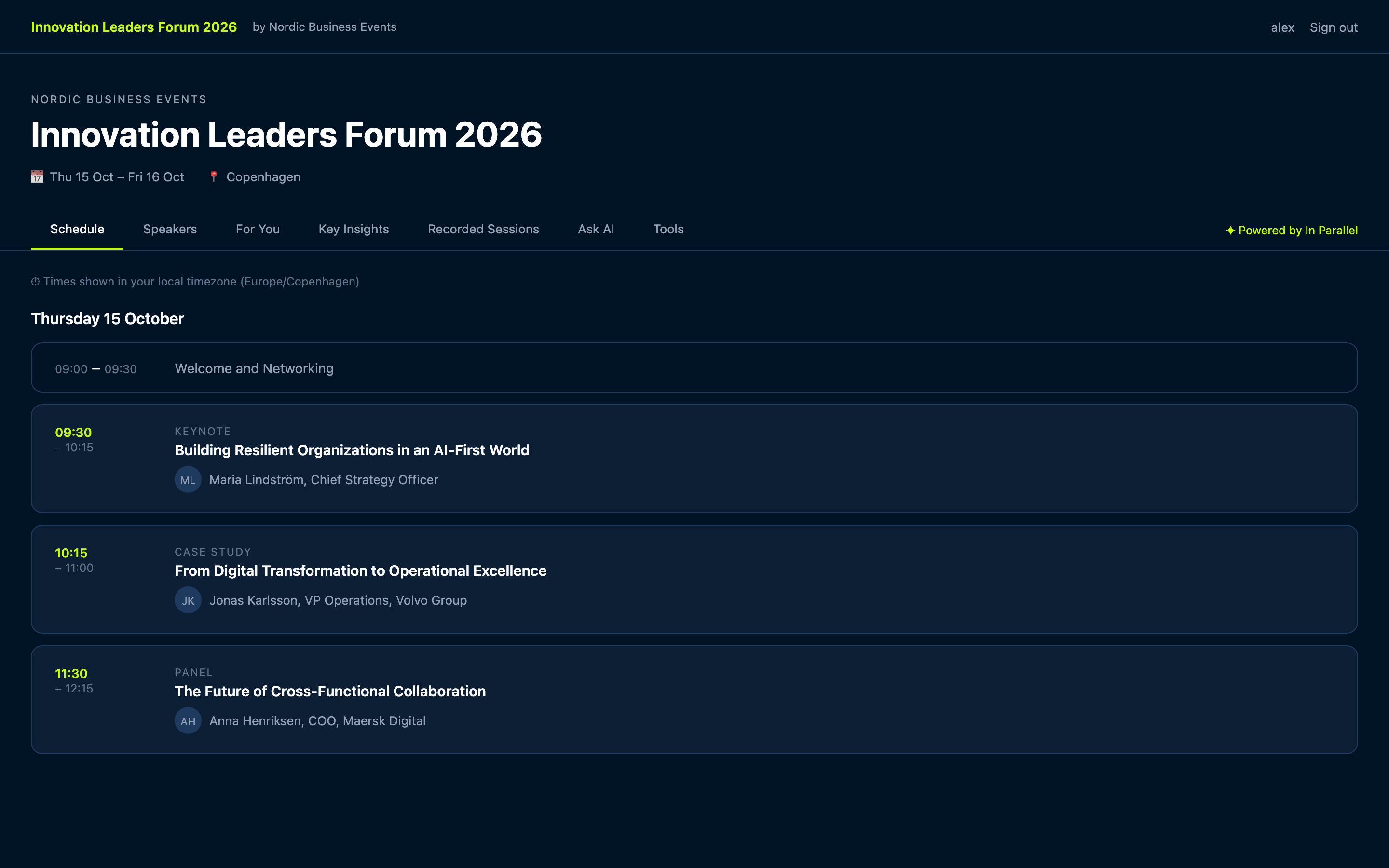 Summit Portal schedule view showing conference sessions with speaker details and session times