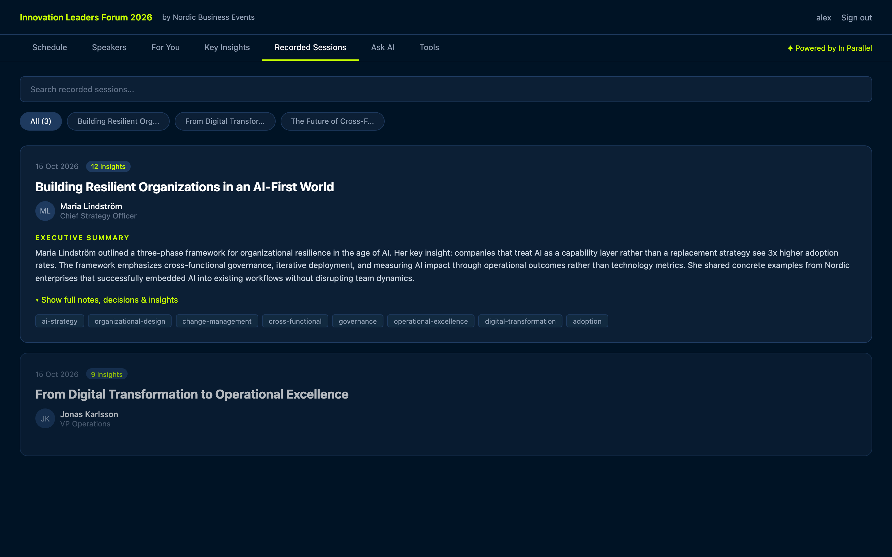 AI-generated session notes with executive summary, key decisions, and topic tags